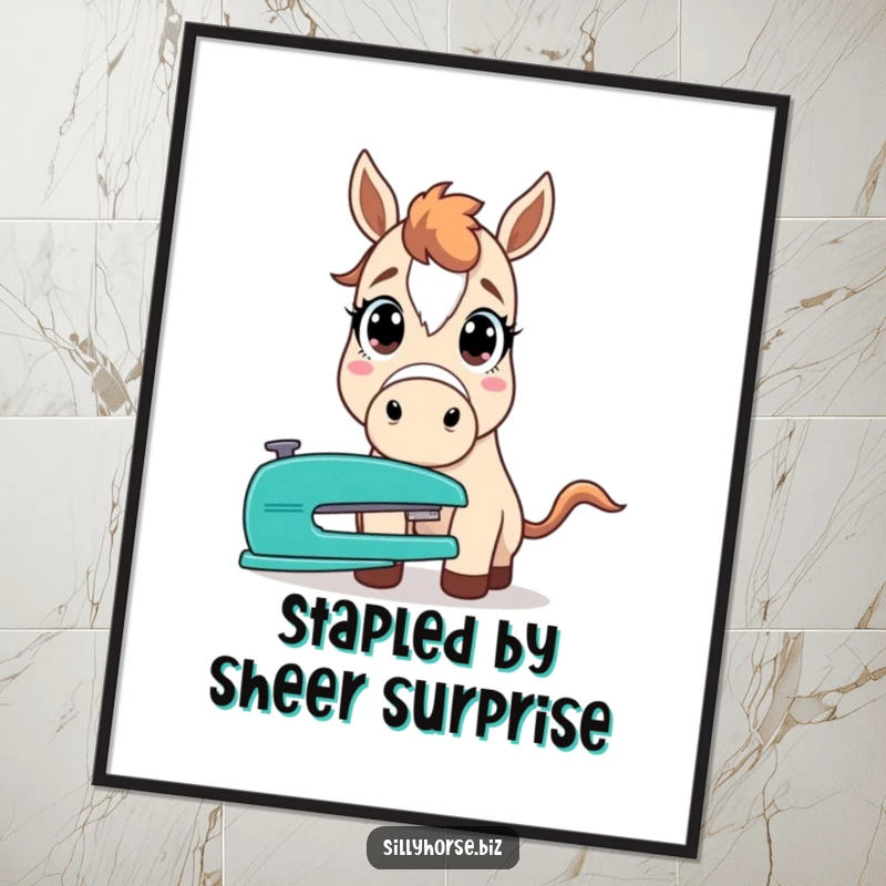 Funny free printable wall art of a horse with comically large, startled eyes, staring intently at a simple stapler.