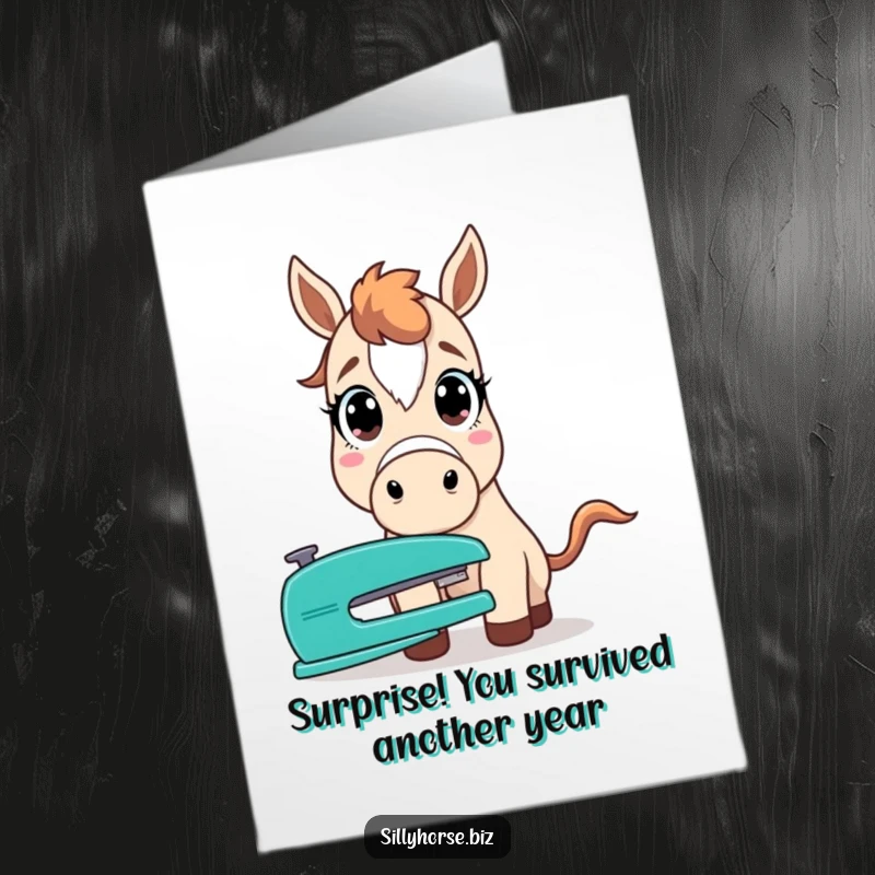 Funny free printable birthday card featuring a horse with comically wide eyes, utterly shocked by a nearby stapler.