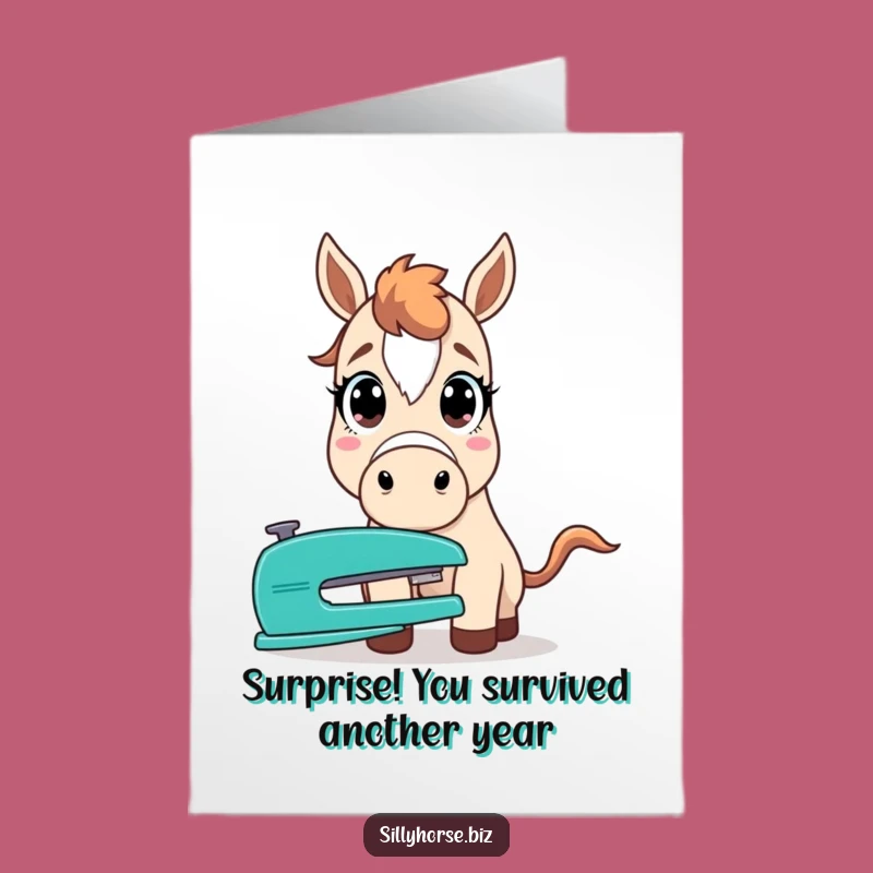 Free Printable Birthday Card: Wide-Eyed Horse & Stapler - Hilarious Surprise Download!