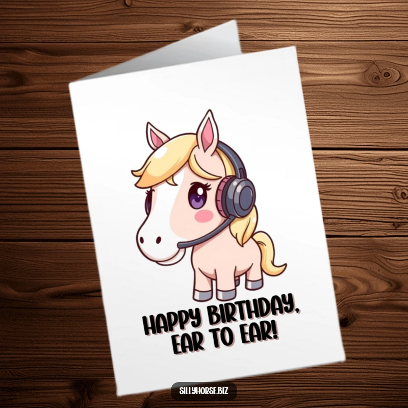 Funny Free Printable Birthday Card: A whimsical horse wearing a headset, listening intently, ready for a birthday call.