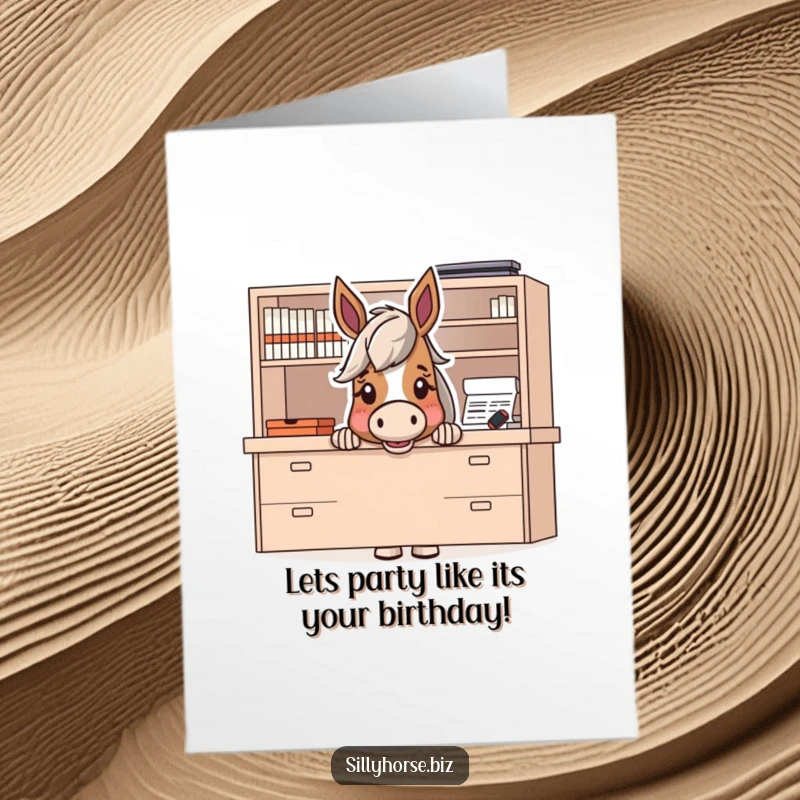 Funny Free Printable Birthday Card: An excited horse peeks out from behind a large desk, ready to surprise.
