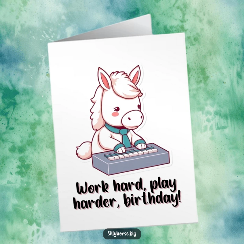 Funny free printable birthday card: fluffy white horse in a tiny tie typing wildly on a miniature keyboard.