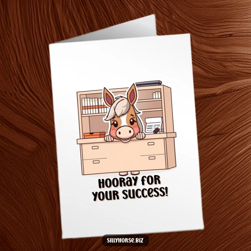 Funny Free Printable Congratulations Card: An eager horse emerges from behind a big desk, radiating excitement.