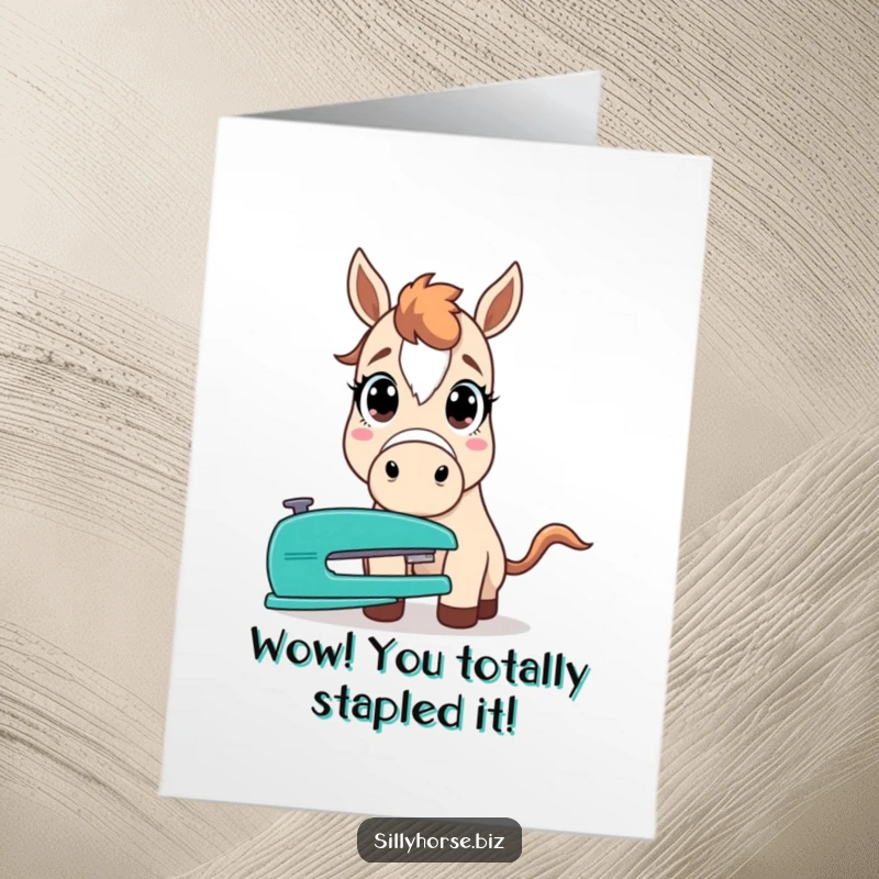 Funny free printable congratulations card showing a horse with huge eyes, startled by the presence of a common stapler.