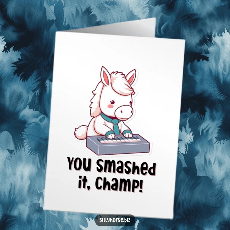 Funny free printable congratulations card: fluffy white horse with a tie typing enthusiastically, celebrating an achievement.