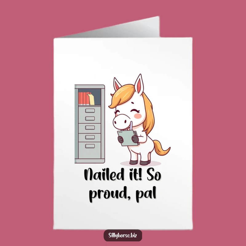 Free Printable Congrats Card: Giggling Horse Filing Success - Funny Downloadable Achievement!