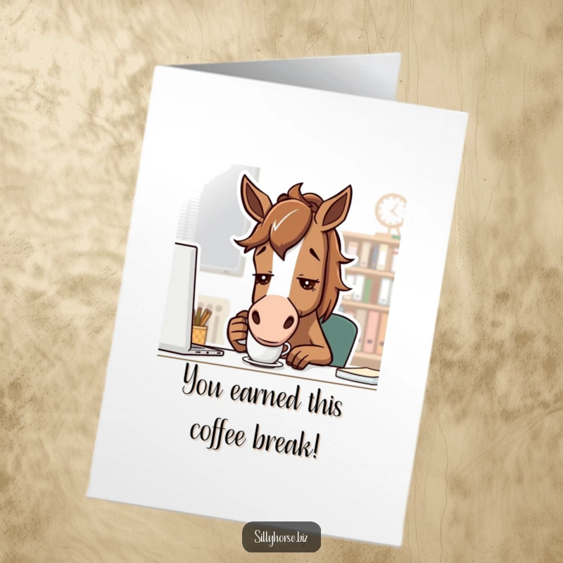 Funny free printable congratulations card: determined brown horse in an office sips coffee, contemplating success.