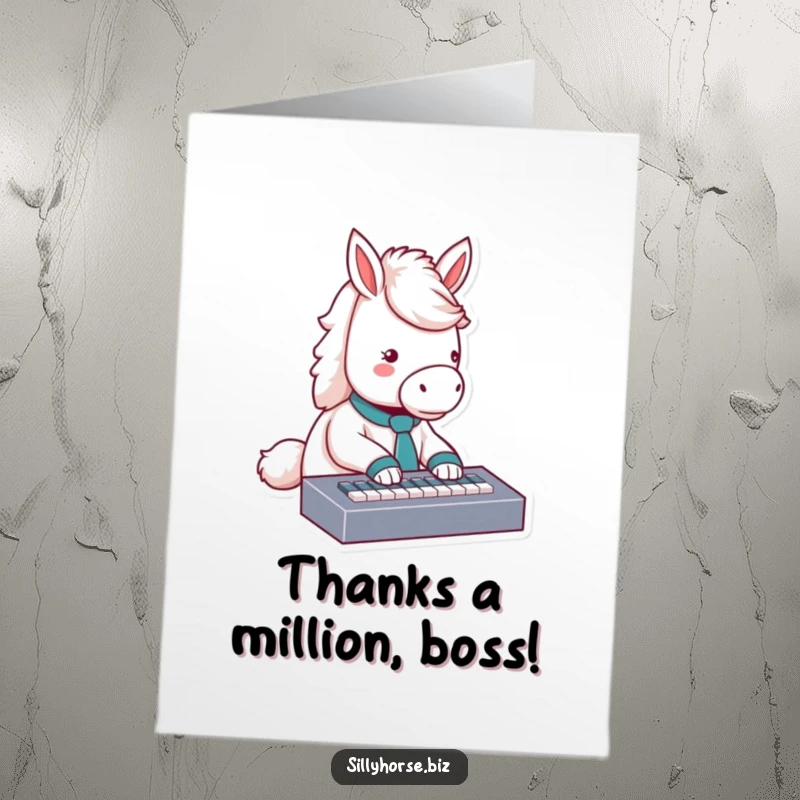 Funny free printable thank you card: fluffy white horse in a tiny tie typing like a pro on a mini keyboard.