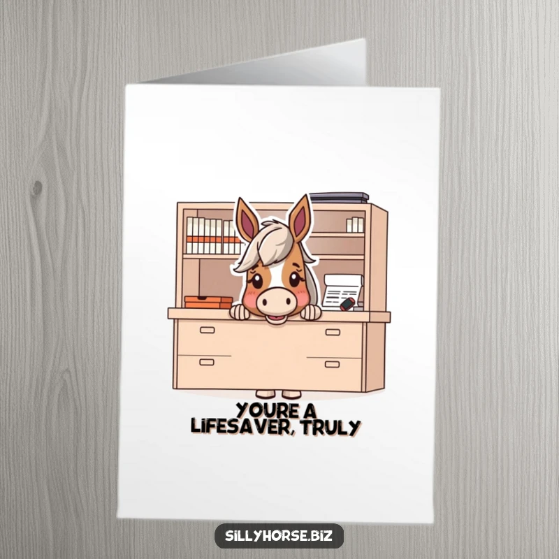 Funny Free Printable Thank You Card: A horse peeks excitedly from behind a large desk, ready to express thanks.