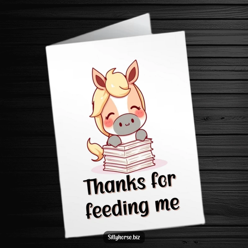 Funny Free Printable Thank You Card: A content horse happily munching on a miniature stack of papers, showing gratitude.
