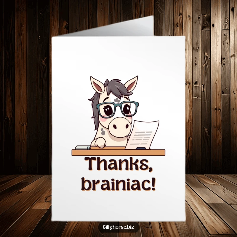 Funny free printable thank you card: a curious spotted horse wearing glasses peers at a document, conveying thanks.