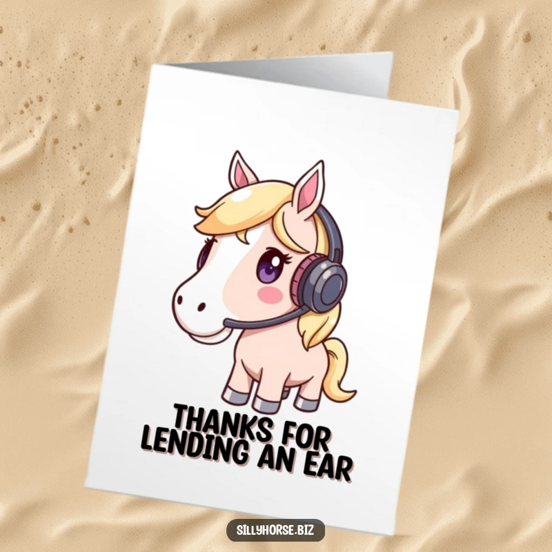 Funny Free Printable Thank You Card: A whimsical horse wearing a headset, listening intently, showing appreciation.