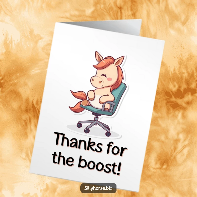 Funny Free Printable Thank You Card: An energetic horse playfully nudging a rolling office chair, thanking someone with office mischief.