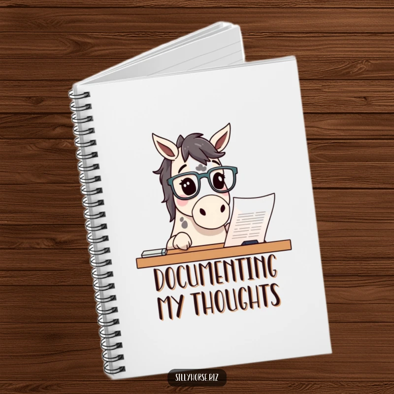 Funny curious spotted horse wearing glasses, peering at a document, humorous notebook for note-taking and research, funny gift.