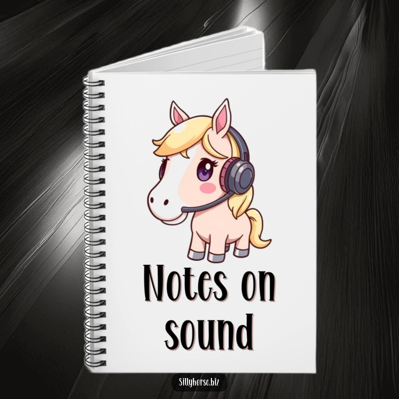 Funny Notebook showing a whimsical horse wearing a headset and listening intently, perfect for focused note-taking.