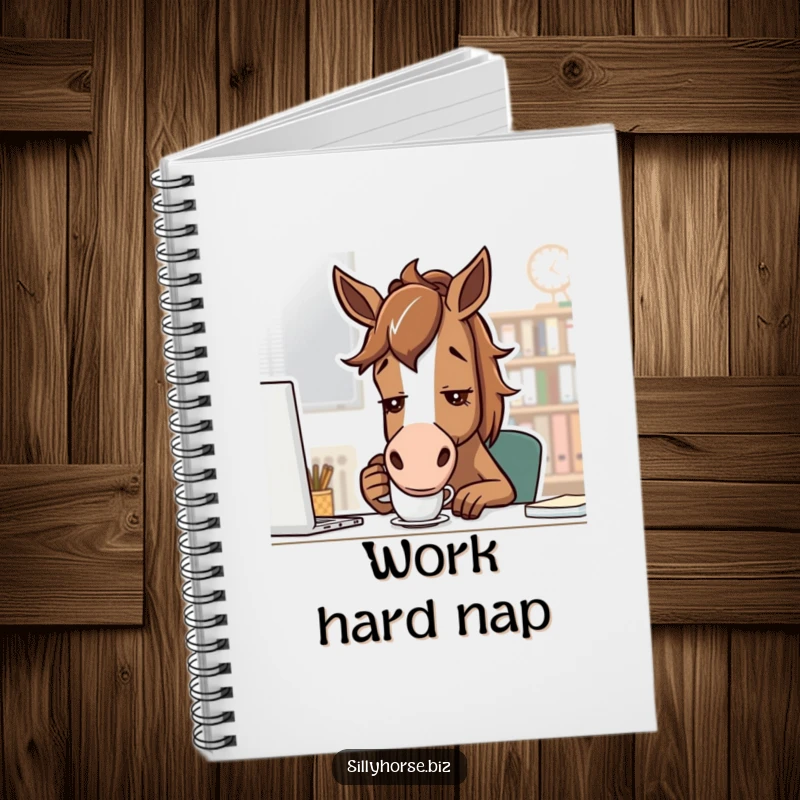 Funny brown horse with determined look, sipping coffee from a small mug, humorous notebook for planning and goal setting, funny gift.