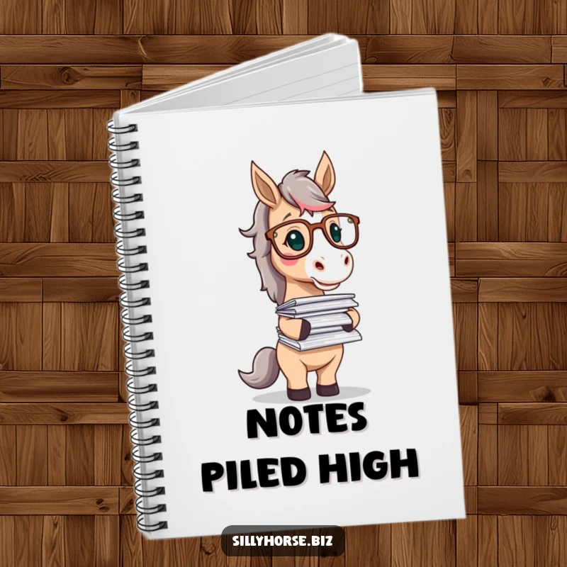 Funny notebook cover with a horse character in glasses, playfully balancing a large stack of papers, inspiring organized thought.