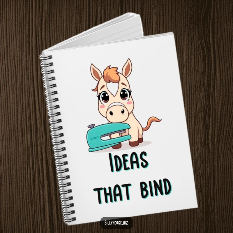 Funny notebook cover showing a horse with incredibly wide, startled eyes, staring in amazement at an office stapler.