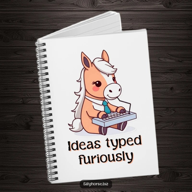 Funny notebook cover with a horse character in a tie, enthusiastically typing on a tiny keyboard, inspiring creative work.