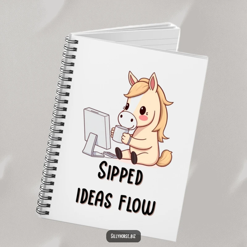 Funny notebook cover with a horse character holding a coffee mug, smiling at a computer screen, inspiring creative tech thoughts.