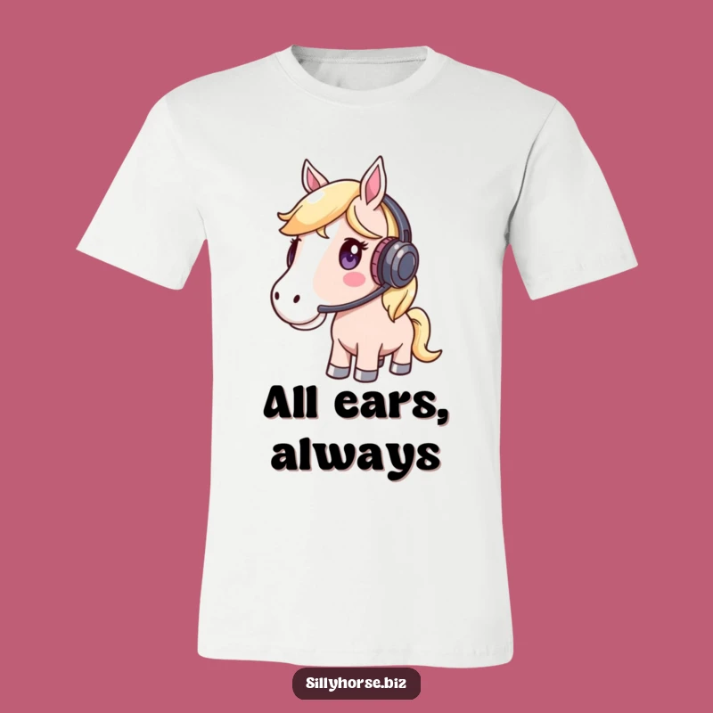 Attentive Horse Headset Funny T-Shirt - Focused Steed, Music Fan, Quirky Graphic Tee
