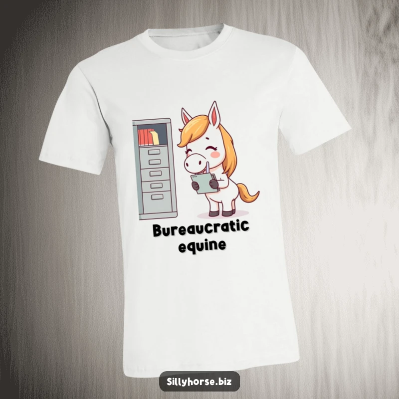 Funny t-shirt graphic of a giggling horse, struggling comically to file documents into a tiny office cabinet, relatable work humor.