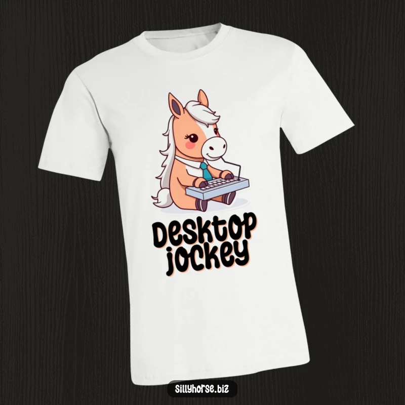 Funny t-shirt graphic of a business horse character in a tie, enthusiastically typing on a miniature keyboard, looking focused.