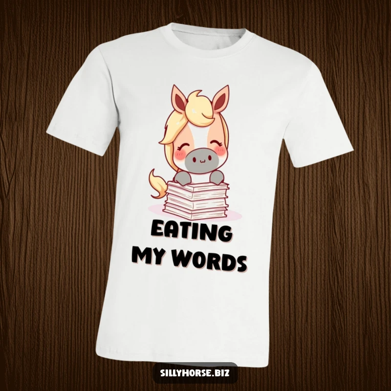 Funny T-Shirt depicting a content horse munching on a miniature stack of papers, representing a love for reading.