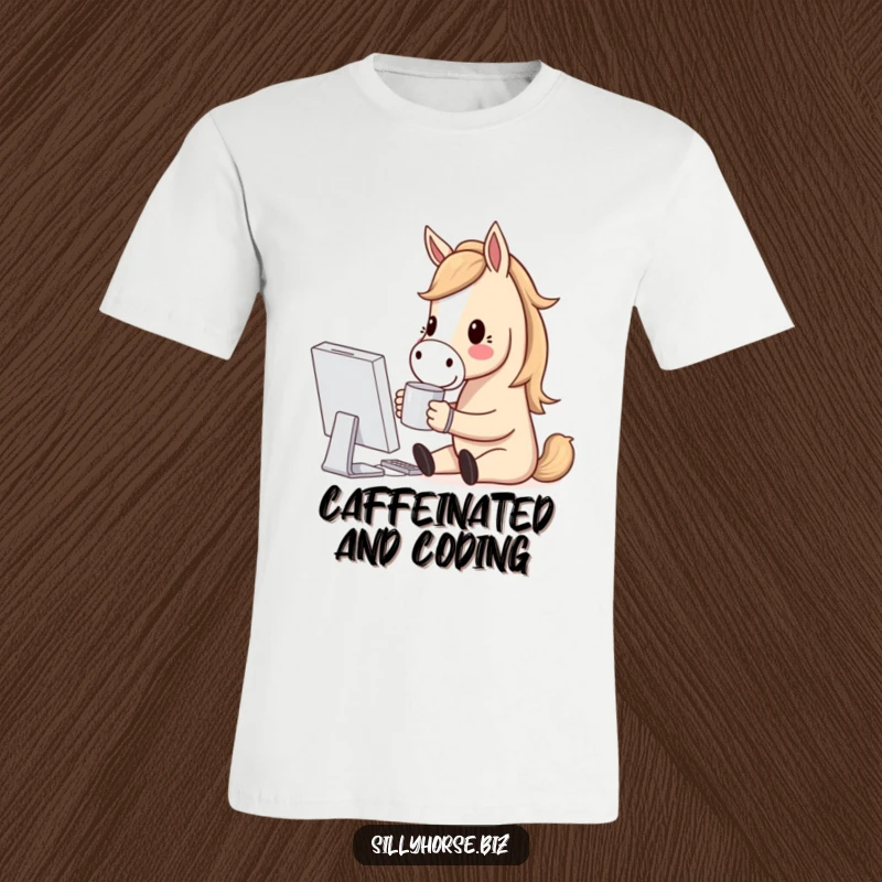 Funny t-shirt graphic of a contented horse character holding a coffee mug, smiling warmly at a glowing computer screen.
