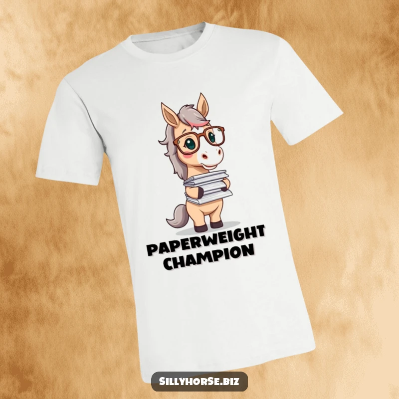 Funny t-shirt graphic of an intelligent horse character in glasses, playfully balancing a large stack of papers, looking studious.