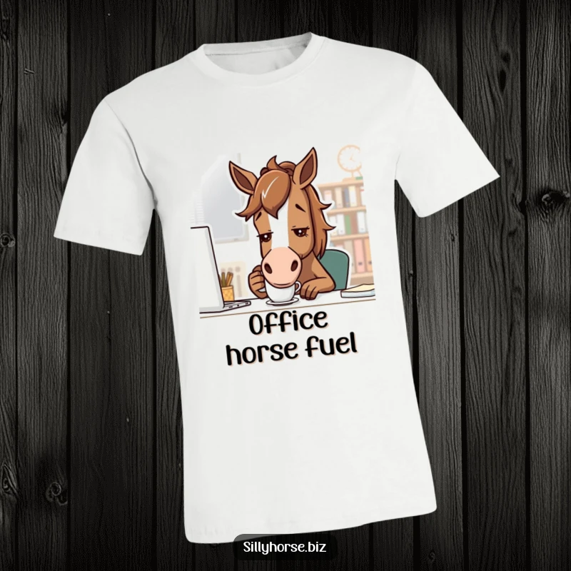 Funny brown horse with a determined look, sipping coffee from a small mug in an office, motivational funny t-shirt, great funny gift.