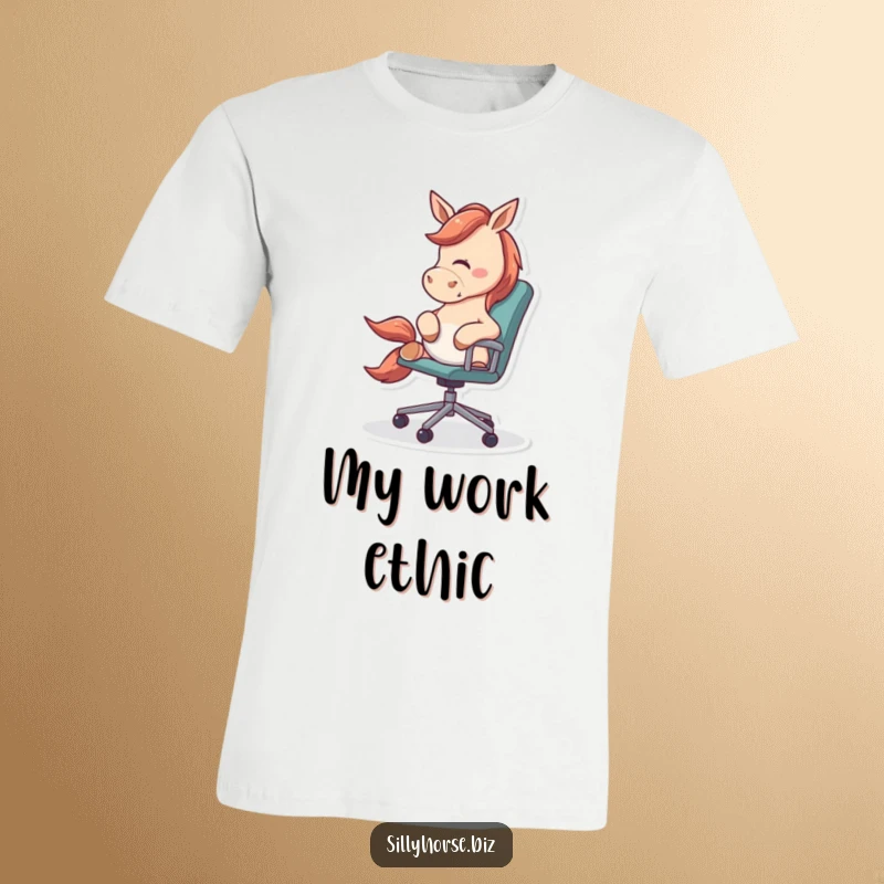 Funny T-Shirt depicting an energetic horse playfully nudging a rolling office chair, symbolizing office mischief.