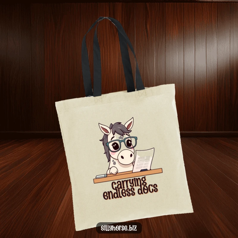 Funny curious spotted horse wearing glasses, peering at a document, humorous tote bag for students and readers, stylish funny gift.