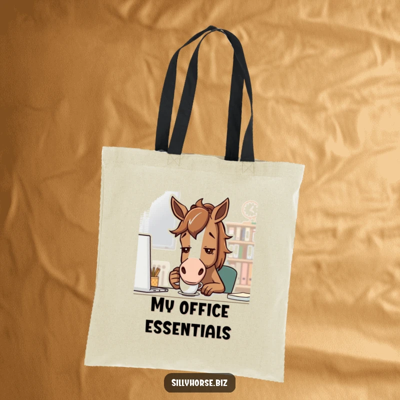 Funny brown horse with a determined look sipping coffee from a small mug, humorous office tote bag, stylish and funny gift.