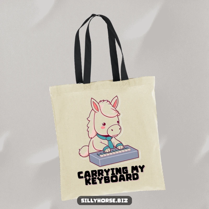 Funny fluffy white horse with a tie, typing furiously on a miniature keyboard, durable and stylish funny tote bag gift.