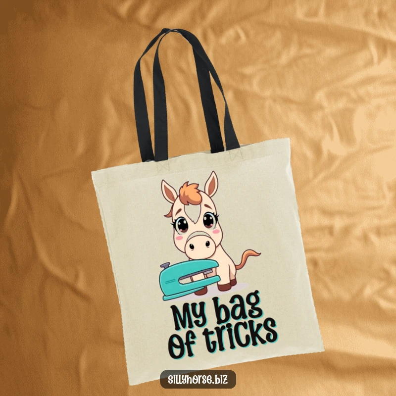 Funny tote bag with a horsewide-eyed with shock, staring intensely at an office stapler, office supply humor.