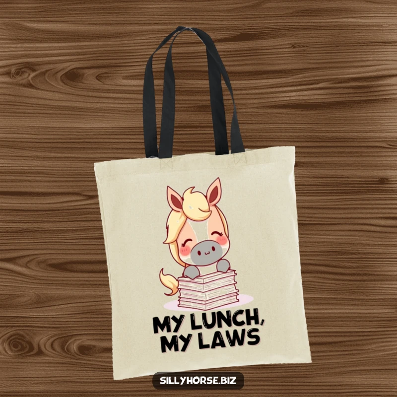 Funny Tote Bag with a content horse munching on a miniature stack of papers, ideal for bookish outings.