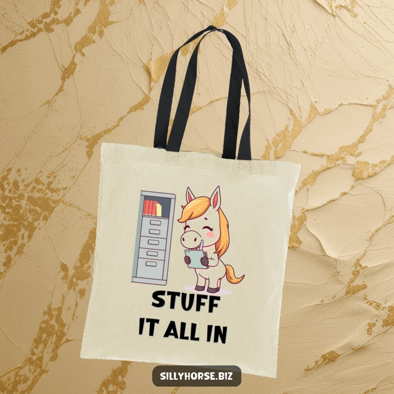 Funny tote bag illustrated with a giggling horse comically struggling to fit documents into a minuscule filing cabinet, office humor.